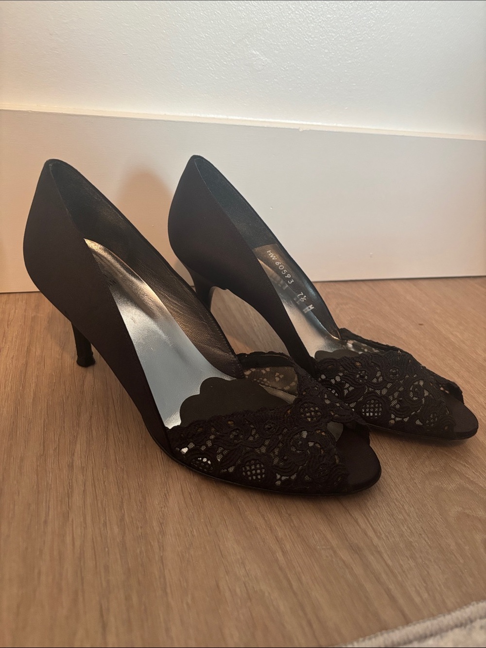 Stuart Weitzman Black Lace Peep-Toe Kitten Heels